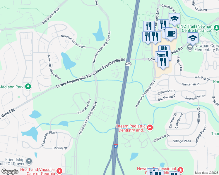 map of restaurants, bars, coffee shops, grocery stores, and more near 823 Lower Fayetteville Road in Newnan