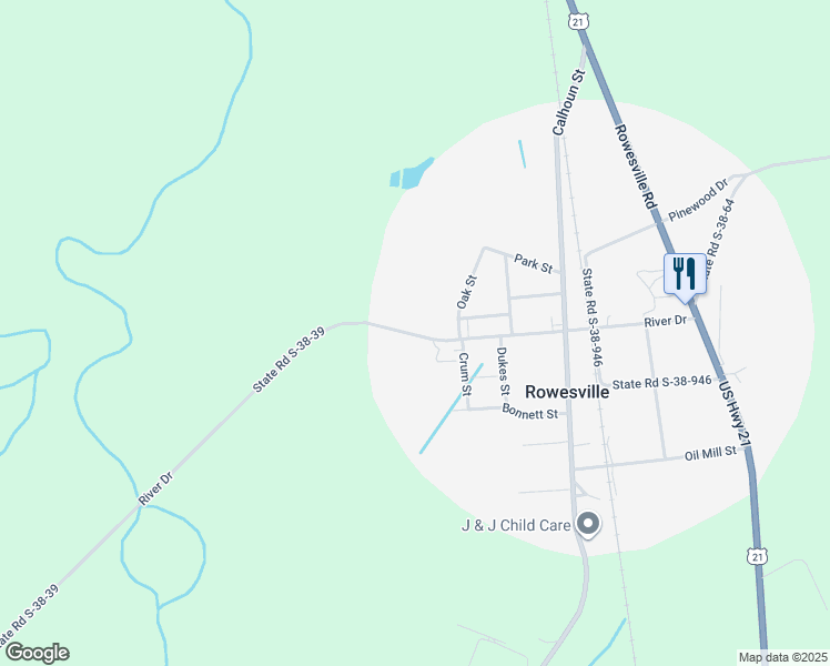 map of restaurants, bars, coffee shops, grocery stores, and more near 730 River Drive in Rowesville