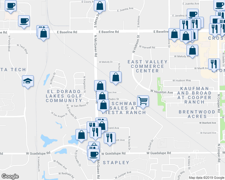 map of restaurants, bars, coffee shops, grocery stores, and more near 1470 West Houston Avenue in Gilbert