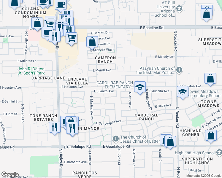 map of restaurants, bars, coffee shops, grocery stores, and more near 3556 East Juanita Avenue in Gilbert