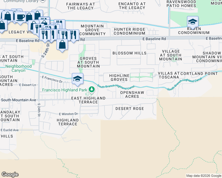 map of restaurants, bars, coffee shops, grocery stores, and more near 2810 East South Mountain Avenue in Phoenix