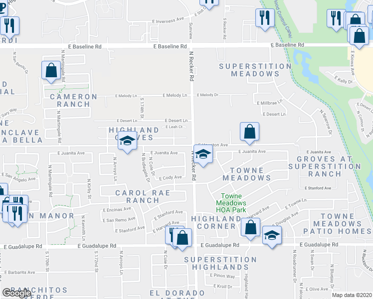 map of restaurants, bars, coffee shops, grocery stores, and more near 3970 East Juanita Avenue in Gilbert