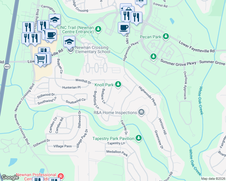 map of restaurants, bars, coffee shops, grocery stores, and more near 18 Crimson Way in Newnan
