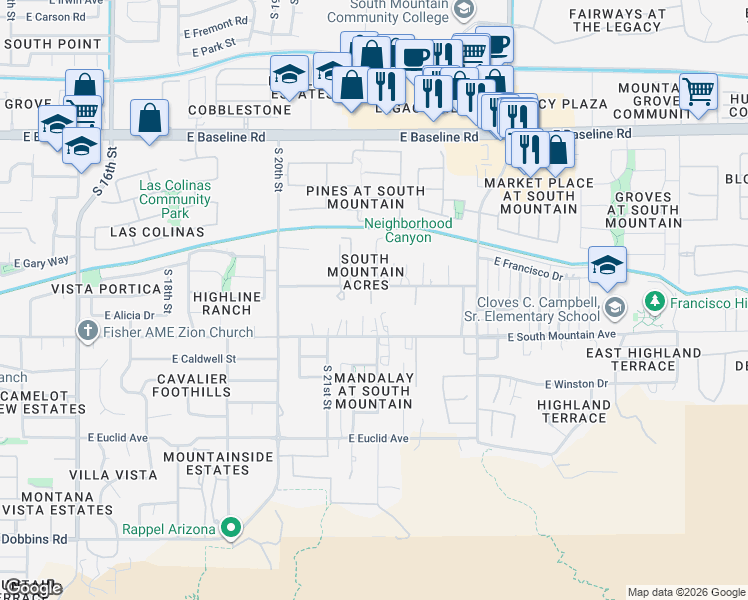 map of restaurants, bars, coffee shops, grocery stores, and more near 2125 East Desert Lane in Phoenix