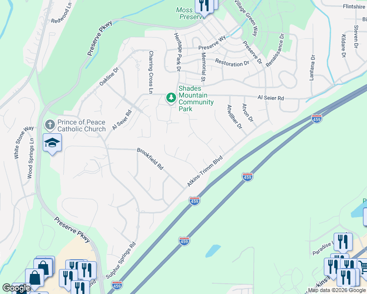 map of restaurants, bars, coffee shops, grocery stores, and more near 3551 Deerfield Drive in Birmingham