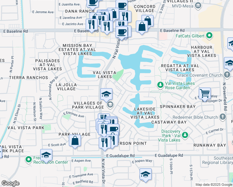 map of restaurants, bars, coffee shops, grocery stores, and more near 1633 East Lakeside Drive in Gilbert