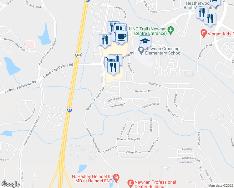 map of restaurants, bars, coffee shops, grocery stores, and more near 106 Seabreeze Trail in Newnan