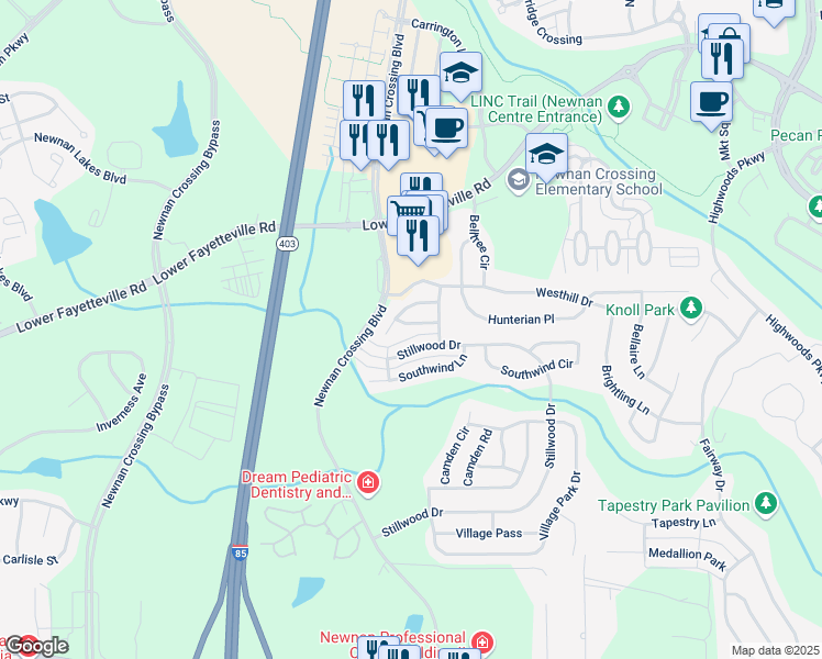 map of restaurants, bars, coffee shops, grocery stores, and more near 130 Seabreeze Trail in Newnan