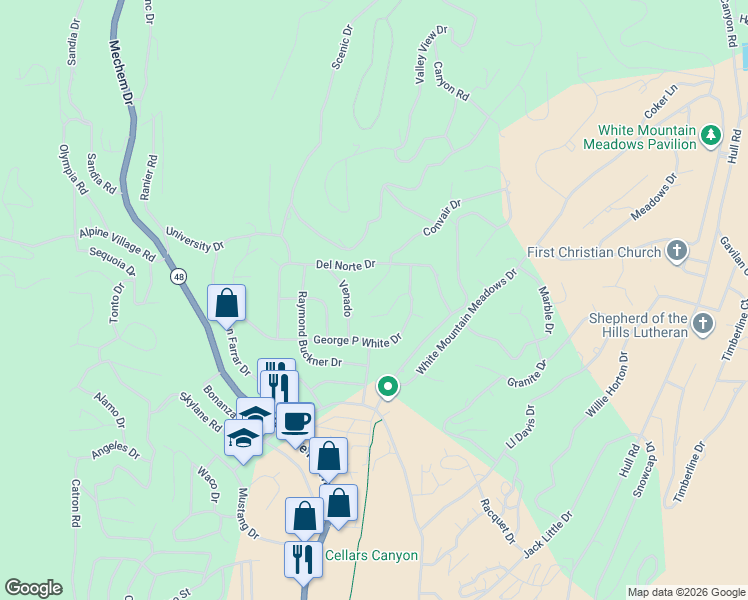 map of restaurants, bars, coffee shops, grocery stores, and more near 111-199 Convair Court in Ruidoso