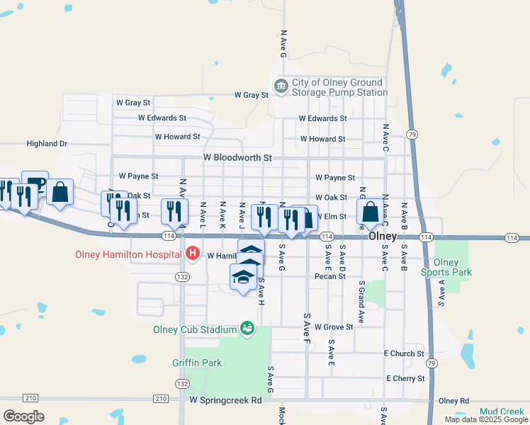 map of restaurants, bars, coffee shops, grocery stores, and more near 200 North Avenue H in Olney
