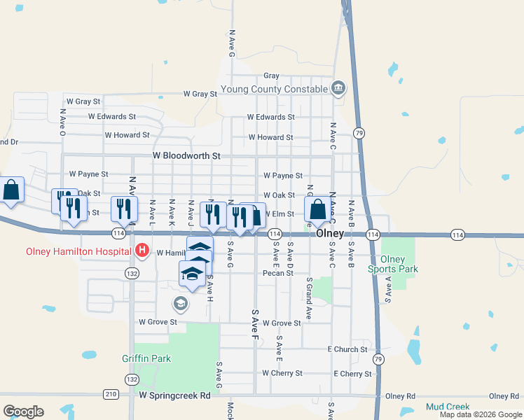 map of restaurants, bars, coffee shops, grocery stores, and more near 310 West Elm Street in Olney
