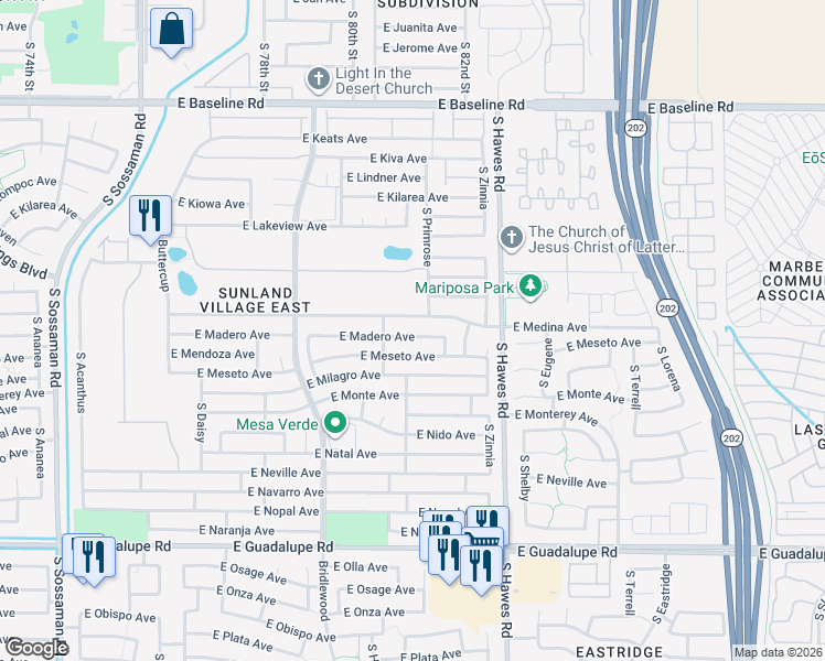 map of restaurants, bars, coffee shops, grocery stores, and more near 8218 East Madero Avenue in Mesa