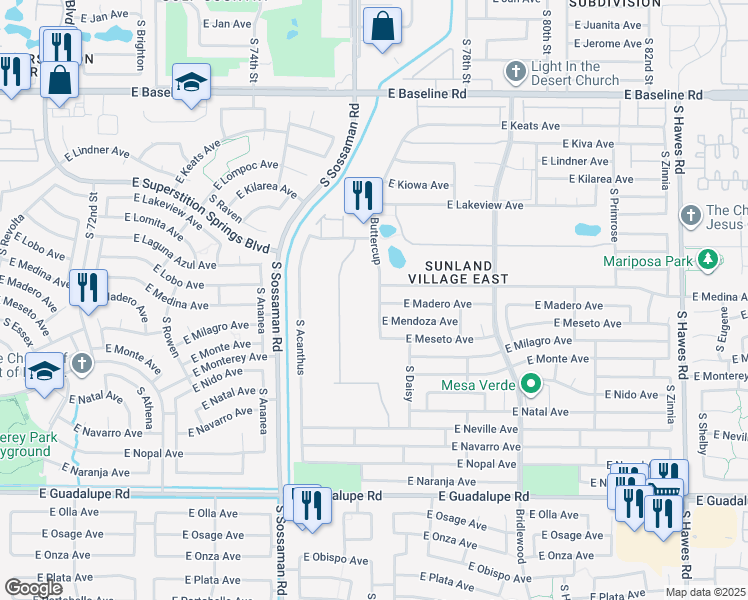 map of restaurants, bars, coffee shops, grocery stores, and more near 2418 South Buttercup in Mesa