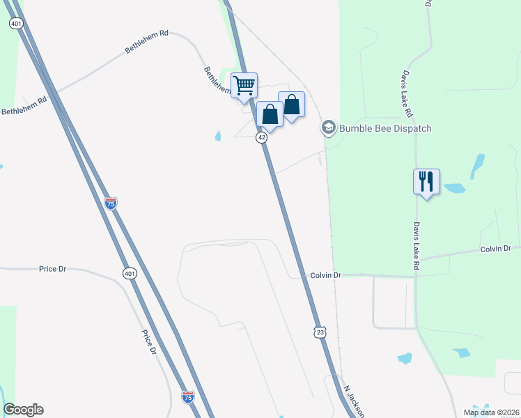 map of restaurants, bars, coffee shops, grocery stores, and more near 2854 Georgia 42 in Locust Grove