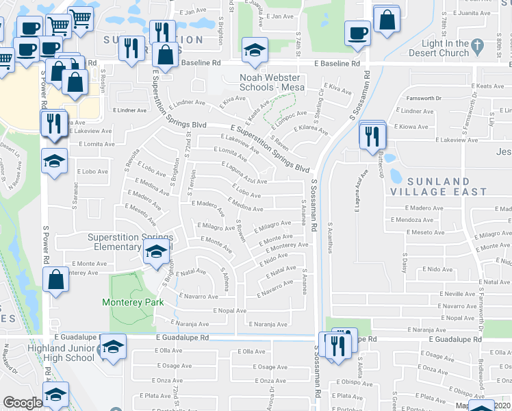 map of restaurants, bars, coffee shops, grocery stores, and more near 7426 East Medina Avenue in Mesa