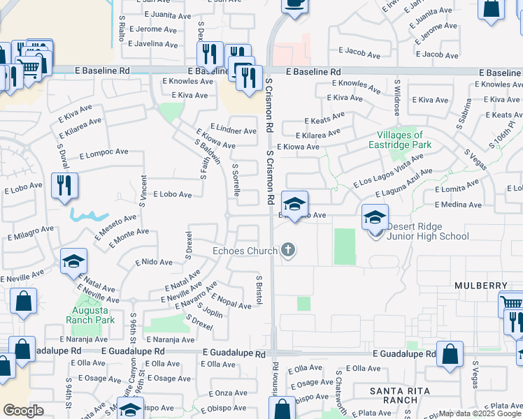 map of restaurants, bars, coffee shops, grocery stores, and more near 9953 East Medina Avenue in Mesa