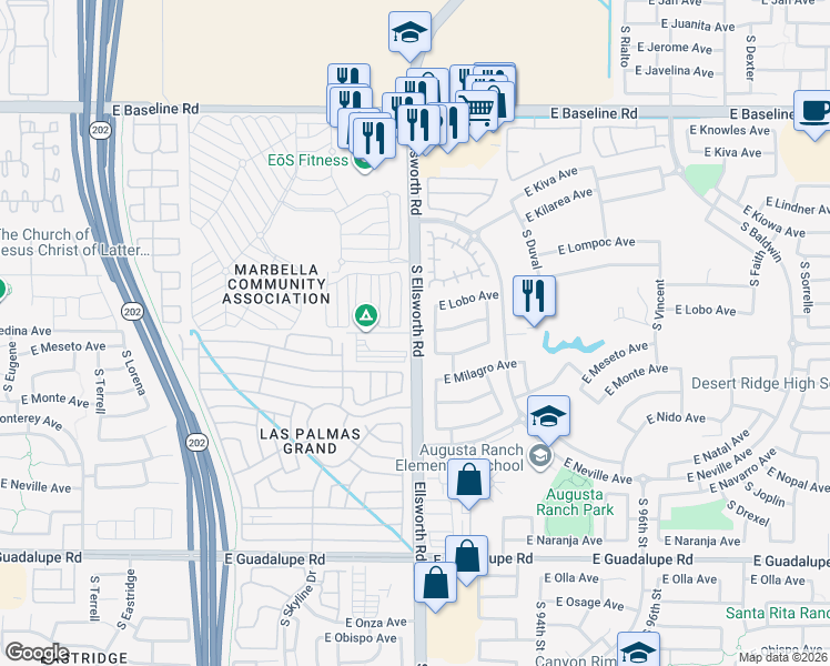 map of restaurants, bars, coffee shops, grocery stores, and more near Medina Avenue in Mesa