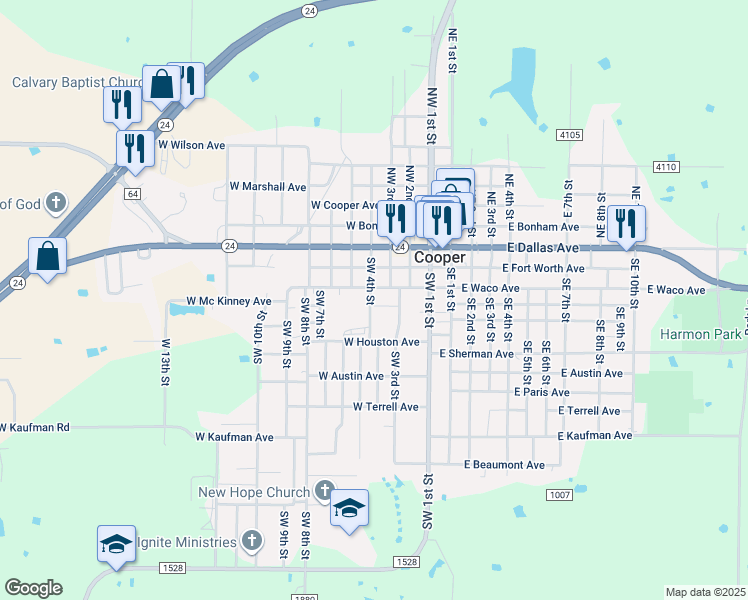 map of restaurants, bars, coffee shops, grocery stores, and more near 120 W Houston Ave in Cooper