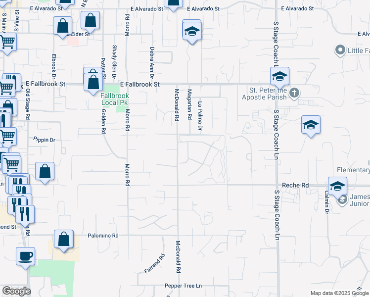 map of restaurants, bars, coffee shops, grocery stores, and more near 919 Crescent Bend in Fallbrook