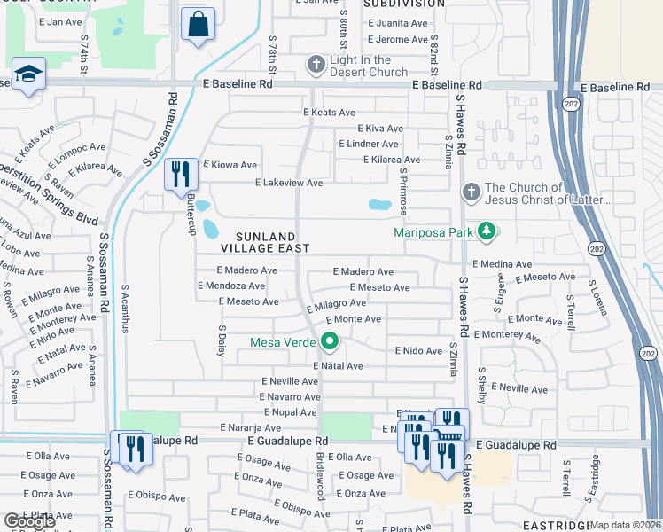 map of restaurants, bars, coffee shops, grocery stores, and more near 8056 East Madero Avenue in Mesa