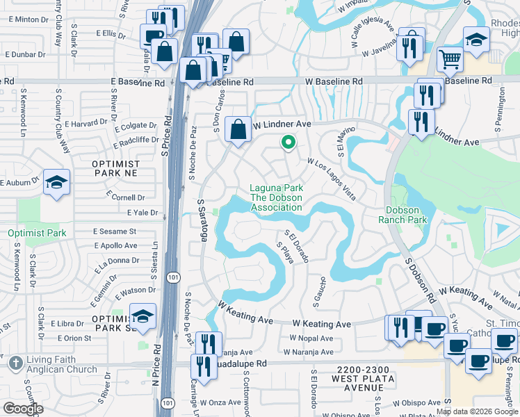 map of restaurants, bars, coffee shops, grocery stores, and more near 2338 S Playa in Mesa