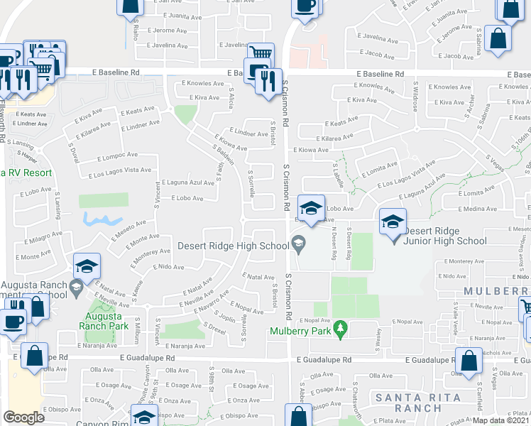map of restaurants, bars, coffee shops, grocery stores, and more near 9929 East Medina Avenue in Mesa