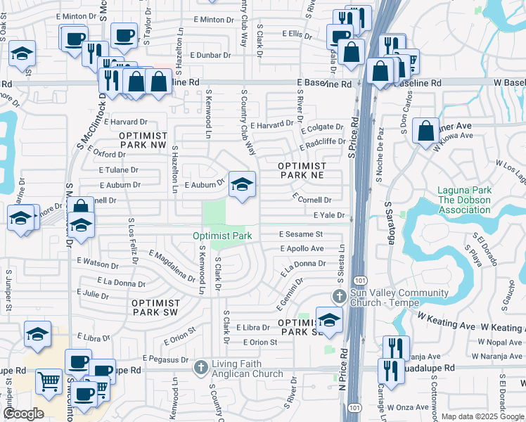map of restaurants, bars, coffee shops, grocery stores, and more near 2004 East Yale Drive in Tempe