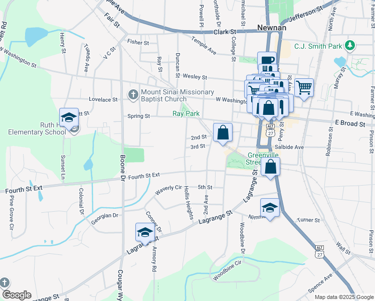 map of restaurants, bars, coffee shops, grocery stores, and more near 30 3rd Street in Newnan