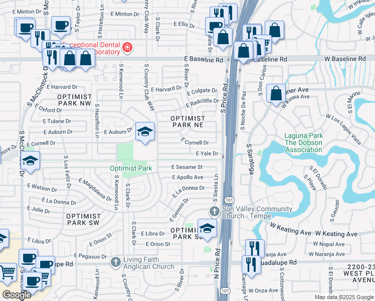 map of restaurants, bars, coffee shops, grocery stores, and more near 2070 East Yale Drive in Tempe