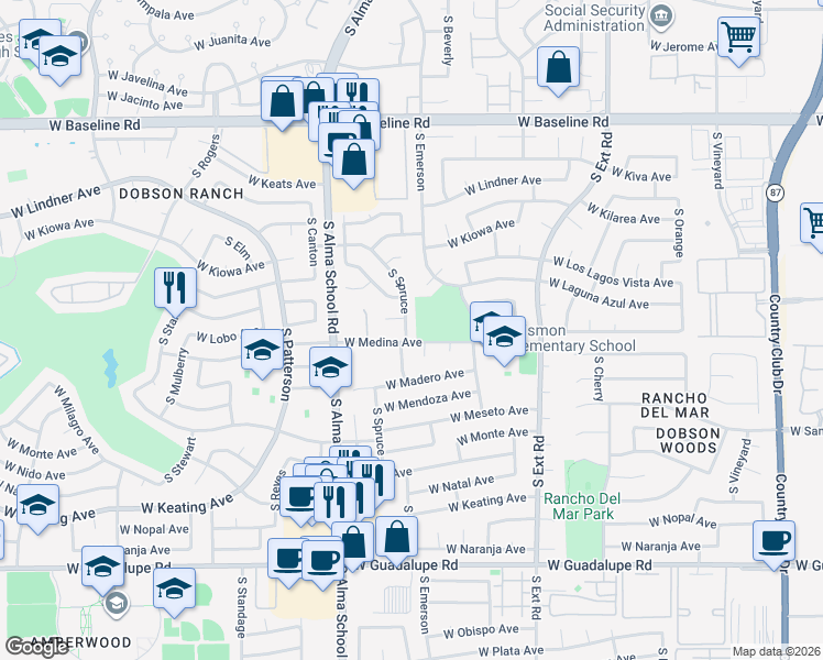 map of restaurants, bars, coffee shops, grocery stores, and more near 2355 South Spruce in Mesa