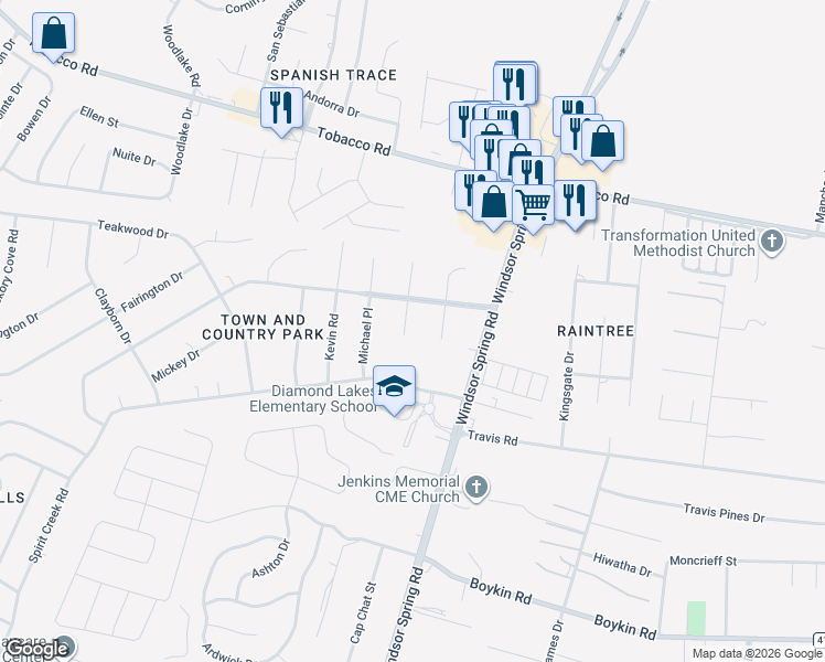 map of restaurants, bars, coffee shops, grocery stores, and more near 4124 South Allendale Court in Hephzibah