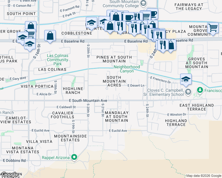 map of restaurants, bars, coffee shops, grocery stores, and more near 2125 East Desert Lane in Phoenix
