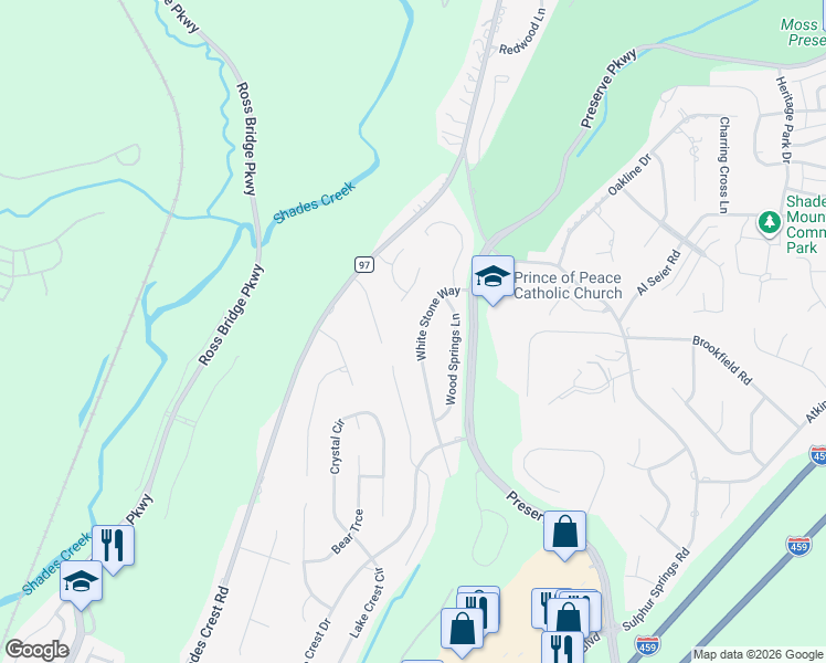 map of restaurants, bars, coffee shops, grocery stores, and more near 541 White Stone Way in Birmingham
