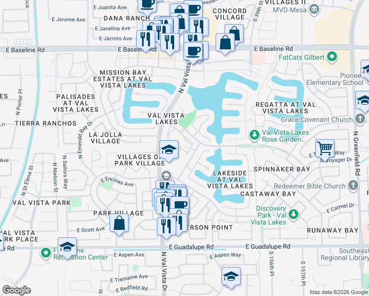 map of restaurants, bars, coffee shops, grocery stores, and more near 1633 East Lakeside Drive in Gilbert
