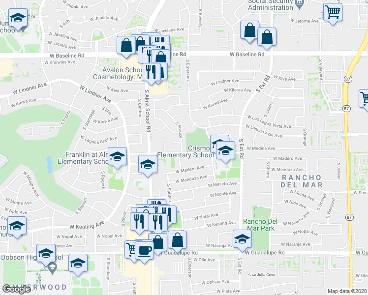 map of restaurants, bars, coffee shops, grocery stores, and more near 2355 South Spruce in Mesa
