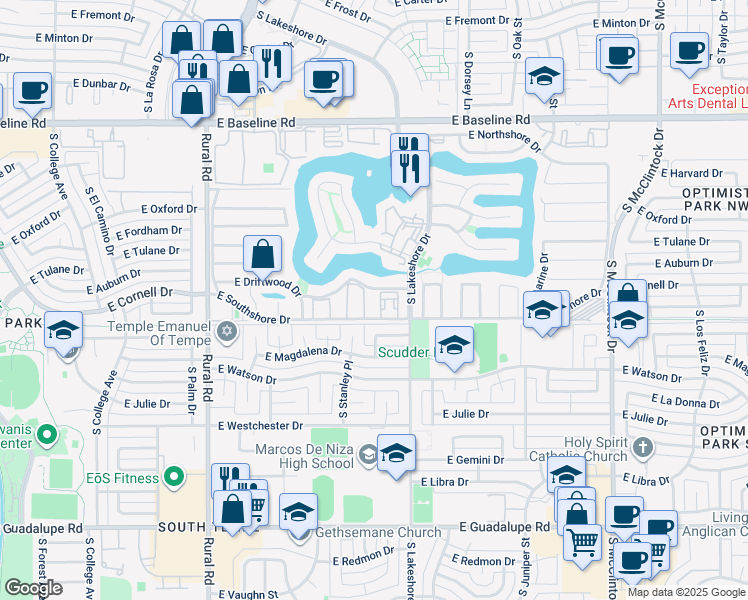 map of restaurants, bars, coffee shops, grocery stores, and more near 5609 South Hurricane Court in Tempe