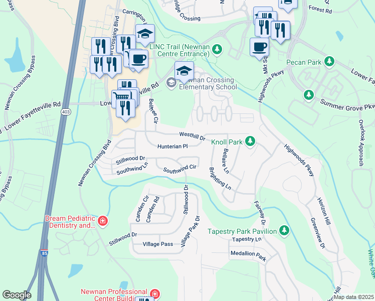 map of restaurants, bars, coffee shops, grocery stores, and more near 334 Hunterian Place in Newnan