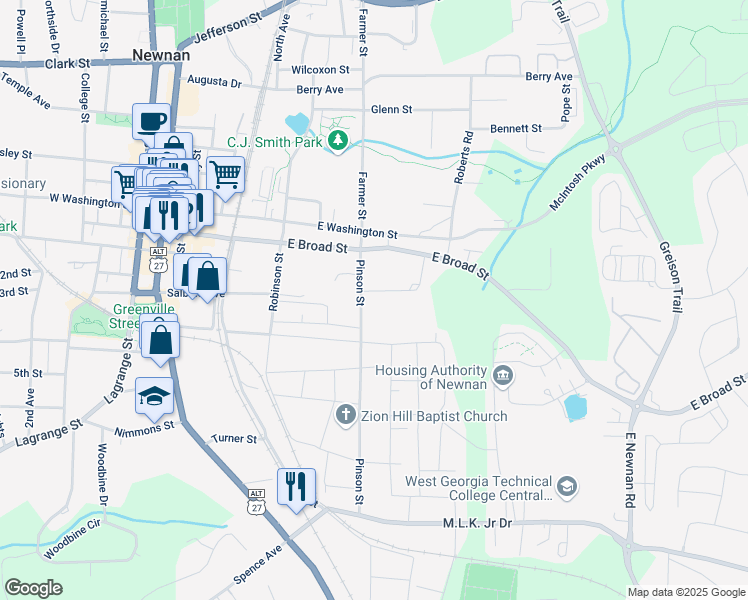 map of restaurants, bars, coffee shops, grocery stores, and more near 5 Smith Street in Newnan