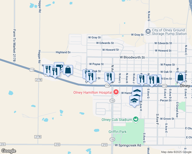 map of restaurants, bars, coffee shops, grocery stores, and more near 1110 West Elm Street in Olney