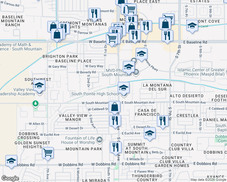 map of restaurants, bars, coffee shops, grocery stores, and more near 8212 South Central Avenue in Phoenix
