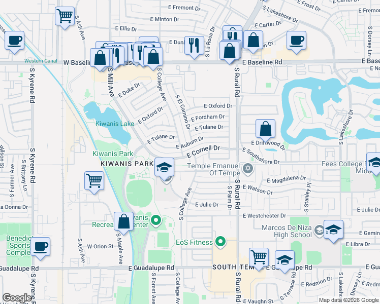 map of restaurants, bars, coffee shops, grocery stores, and more near 311 East Auburn Drive in Tempe
