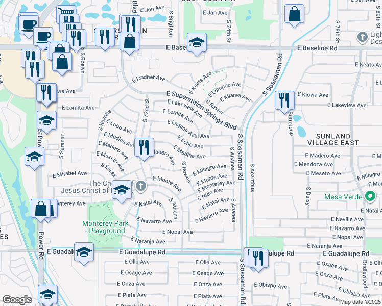map of restaurants, bars, coffee shops, grocery stores, and more near 7408 East Medina Avenue in Mesa