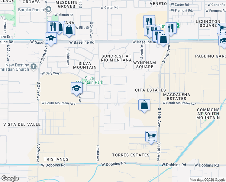 map of restaurants, bars, coffee shops, grocery stores, and more near 8303 South 22nd Avenue in Phoenix