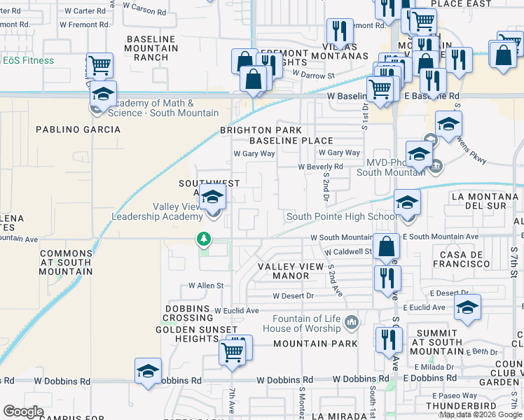 map of restaurants, bars, coffee shops, grocery stores, and more near 8209 South 5th Lane in Phoenix