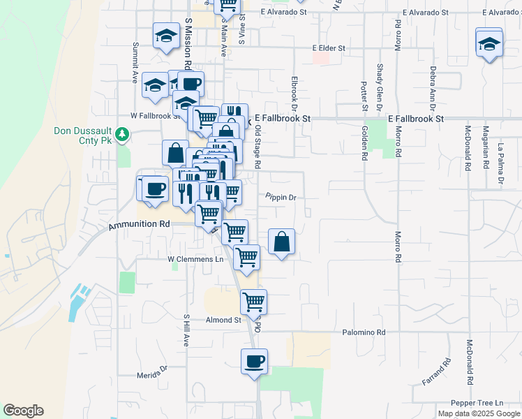 map of restaurants, bars, coffee shops, grocery stores, and more near 1118 Old Stage Road in Fallbrook