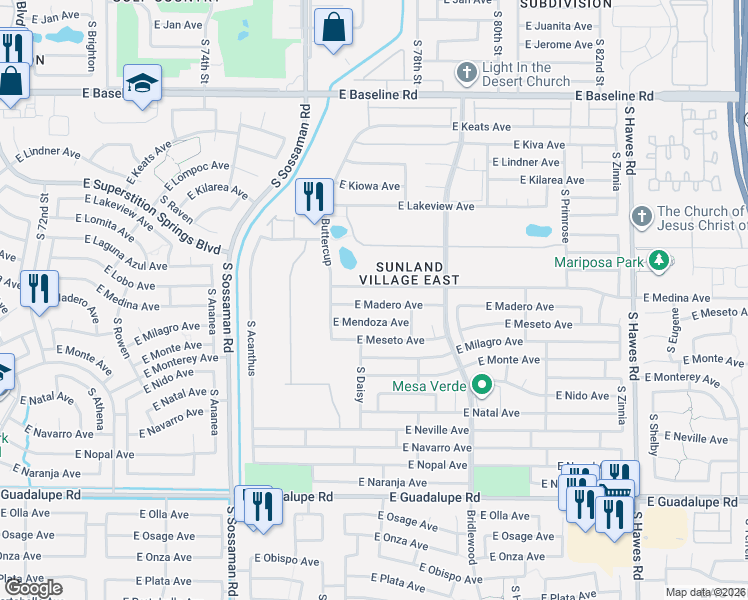 map of restaurants, bars, coffee shops, grocery stores, and more near 7852 East Madero Avenue in Mesa