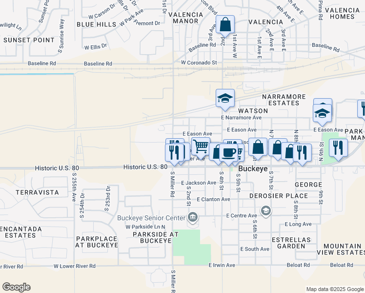 map of restaurants, bars, coffee shops, grocery stores, and more near 106 East Roosevelt Avenue in Buckeye