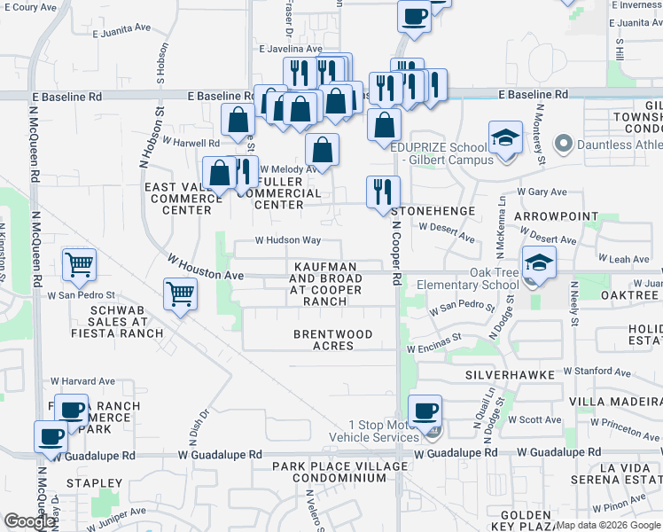 map of restaurants, bars, coffee shops, grocery stores, and more near 855 West Leah Lane in Gilbert
