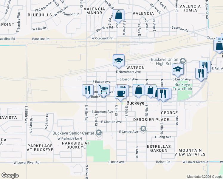 map of restaurants, bars, coffee shops, grocery stores, and more near 308 East Roosevelt Avenue in Buckeye