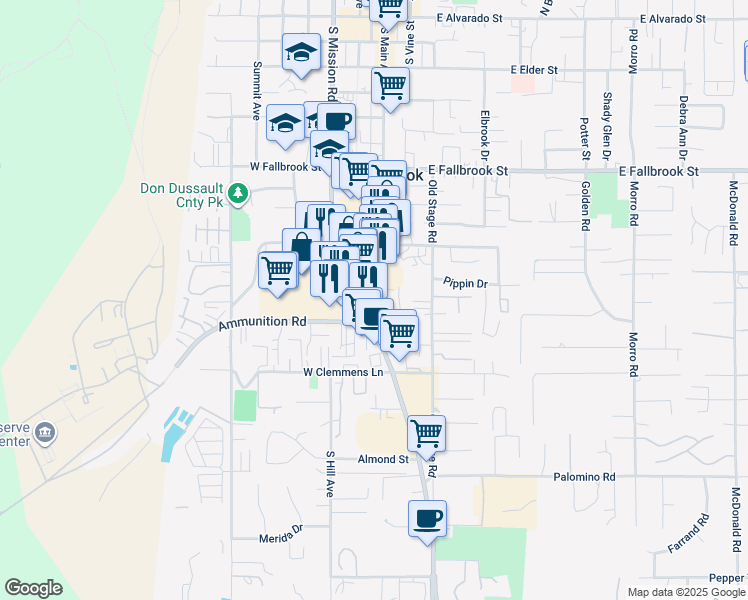 map of restaurants, bars, coffee shops, grocery stores, and more near 1125 South Main Avenue in Fallbrook